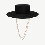 KABE SHOP INC black structured canotier hat featuring a double-strand pearl chain strap for a sophisticated look.