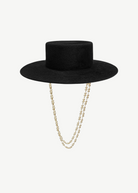 KABE SHOP INC black structured canotier hat featuring a double-strand pearl chain strap for a sophisticated look.