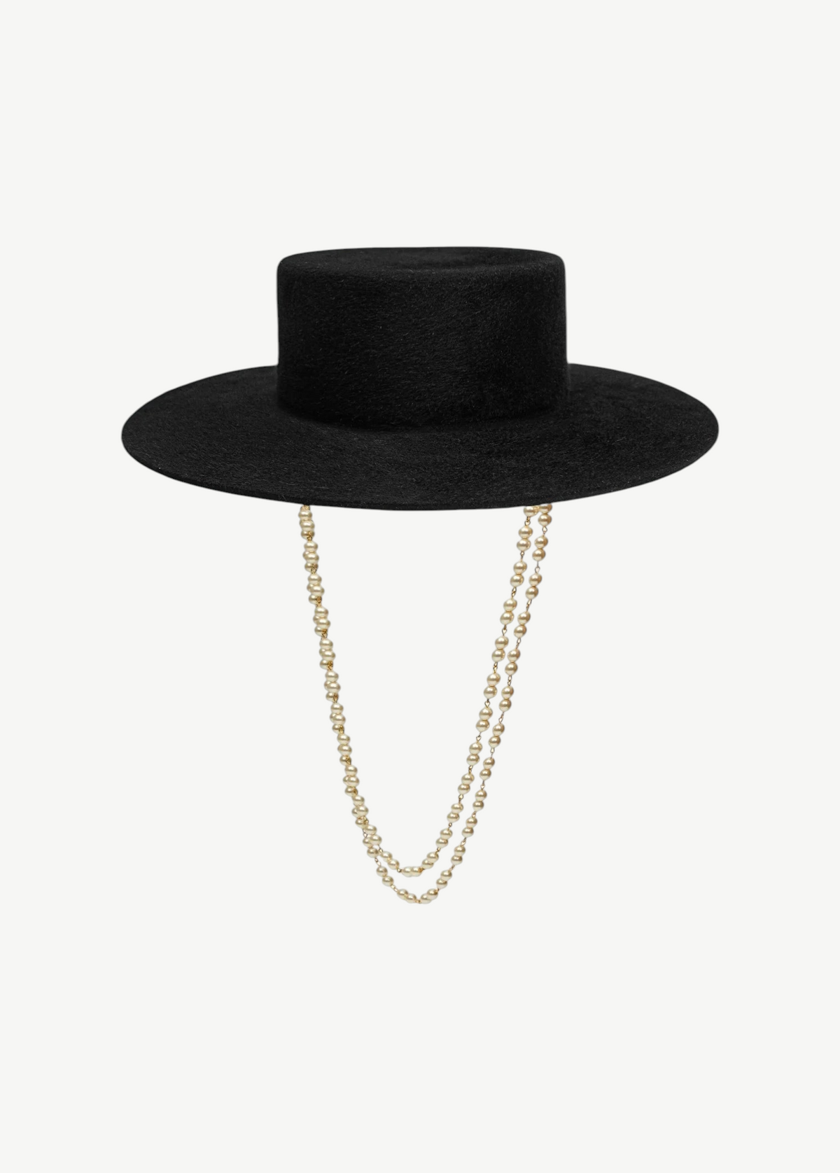 KABE SHOP INC black structured canotier hat featuring a double-strand pearl chain strap for a sophisticated look.