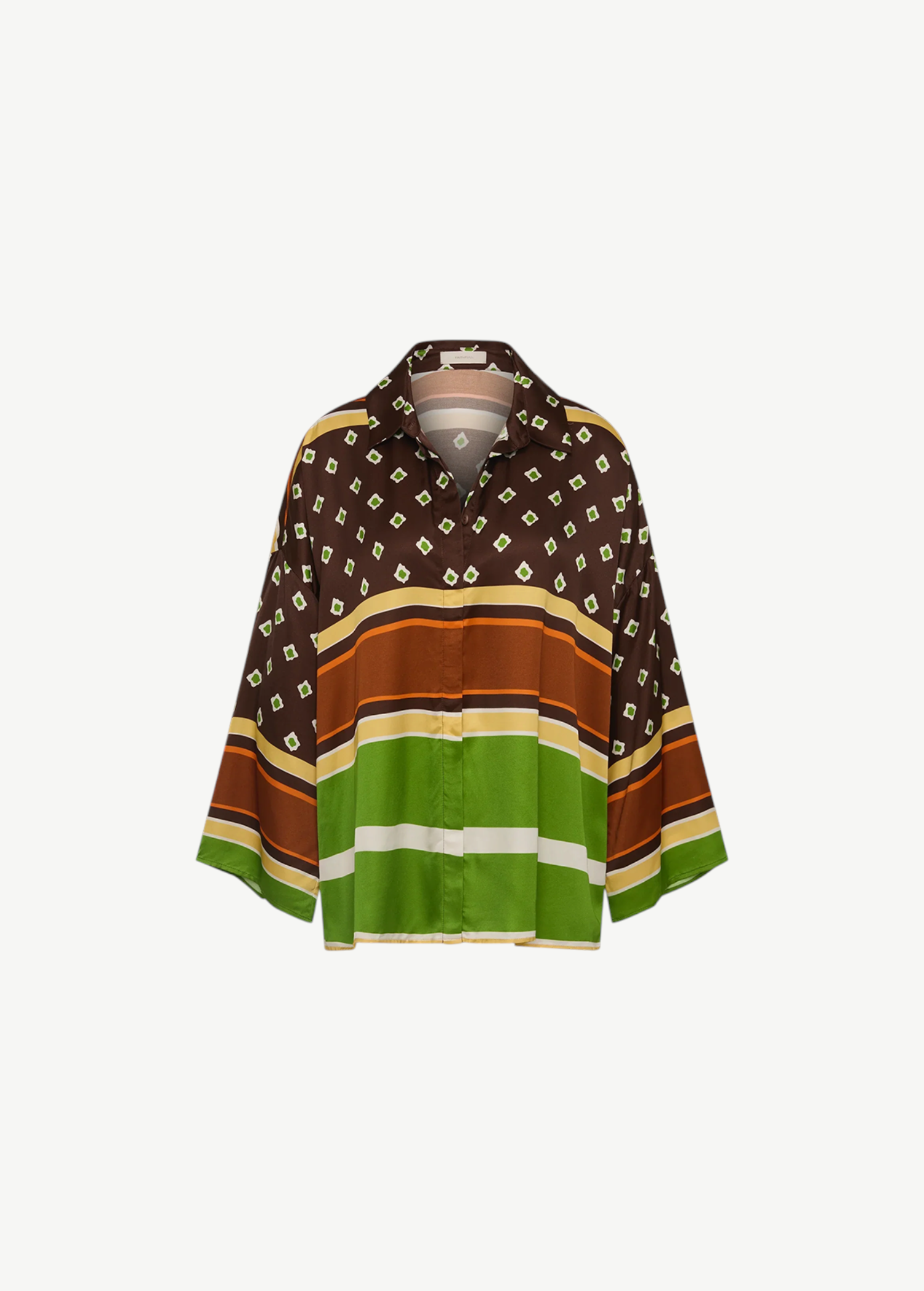 Cora Shirt featuring a brown geometric print on the top and wide horizontal green, brown, and cream stripes on the bottom.