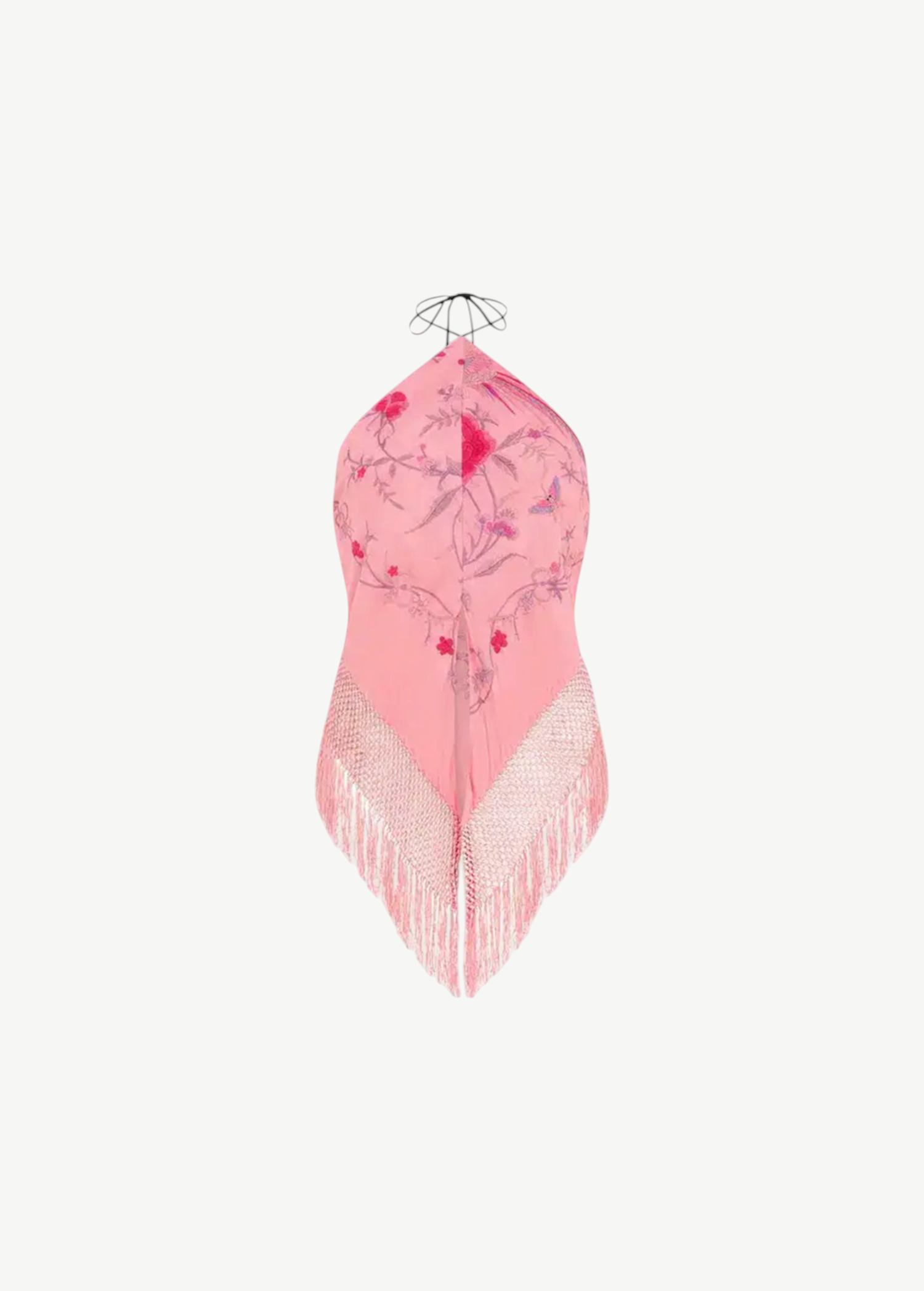 KABE SHOP INC pink silk blend halter top with floral embroidery and long fringe detailing