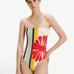 KABE SHOP INC Ulla one-piece swimsuit featuring a multi-colored vertical stripe pattern and a large red floral motif.