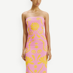 KABE SHOP INC Daphne Dress in pink with yellow floral print, strapless midi silhouette on a model