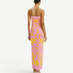 KABE SHOP INC Daphne dress in pink with yellow floral print, strapless maxi silhouette worn by a model, back view