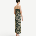 KABE SHOP INC Daphne dress in a green and beige floral print, strapless midi length silhouette, back view