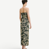 KABE SHOP INC Daphne dress in a green and beige floral print, strapless midi length silhouette, back view