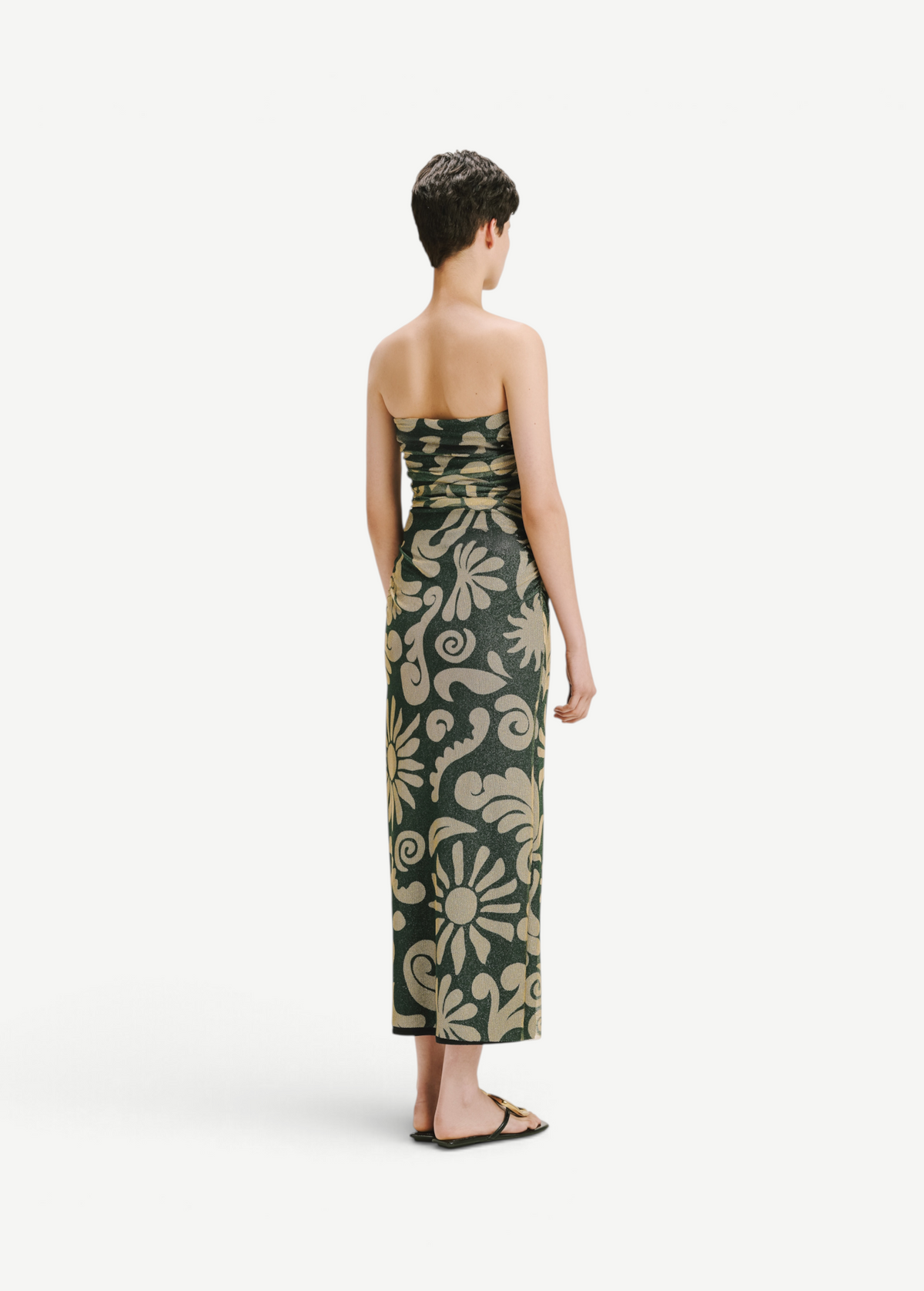 KABE SHOP INC Daphne dress in a green and beige floral print, strapless midi length silhouette, back view