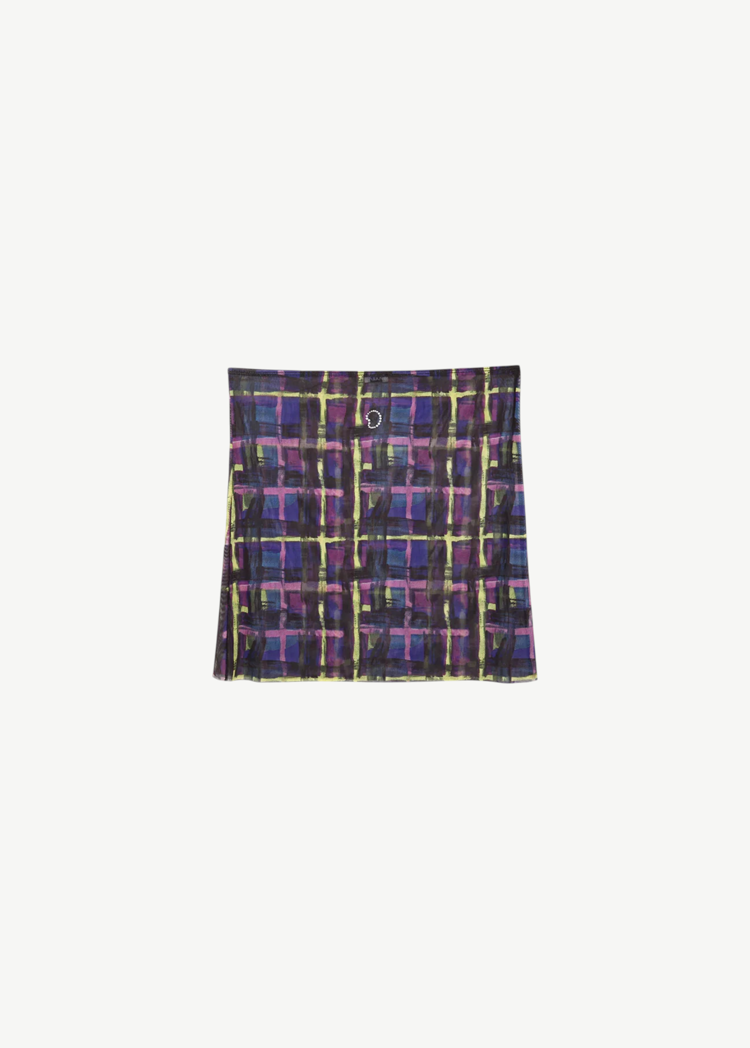 KABE SHOP INC Caly mini slip skirt in a purple and blue abstract plaid print with a lightweight mesh fabric finish.