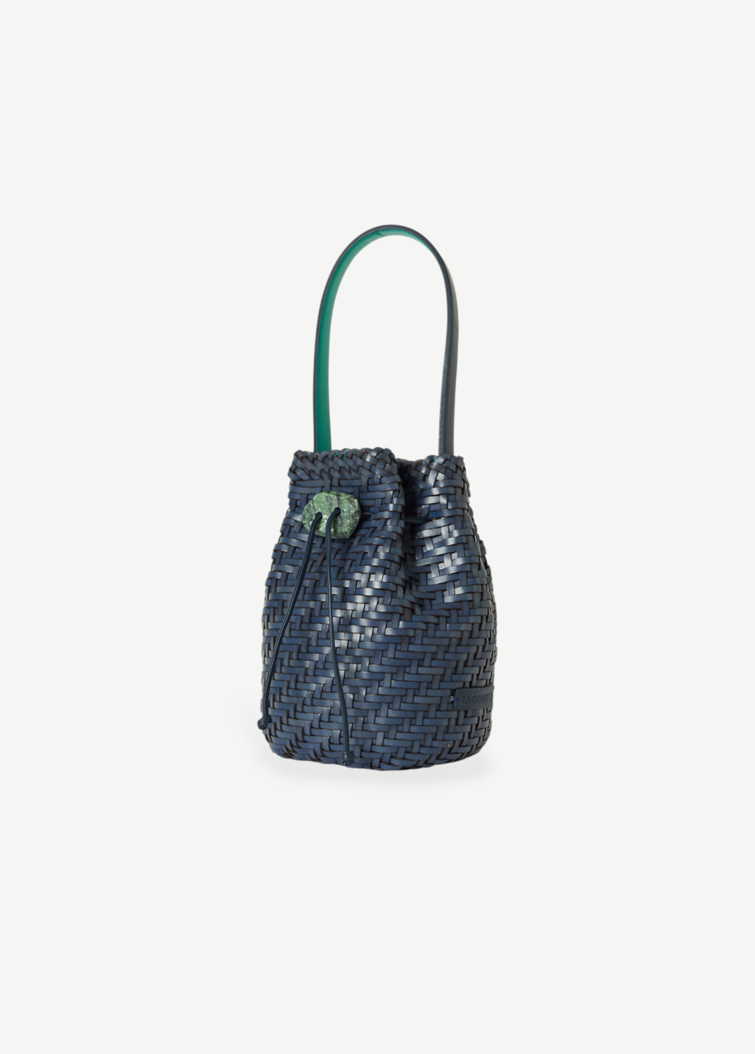 KABE SHOP INC Nirmala Intreccio bucket bag in navy blue woven leather with a green stone drawstring toggle