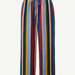 Wide-leg Mateo pants featuring a multicolored vertical stripe pattern and an elastic drawstring waist, making them a warm-weather essential.