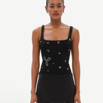 KABE SHOP INC Dasne black bodysuit with square neckline and silver stud embellishments worn by a model