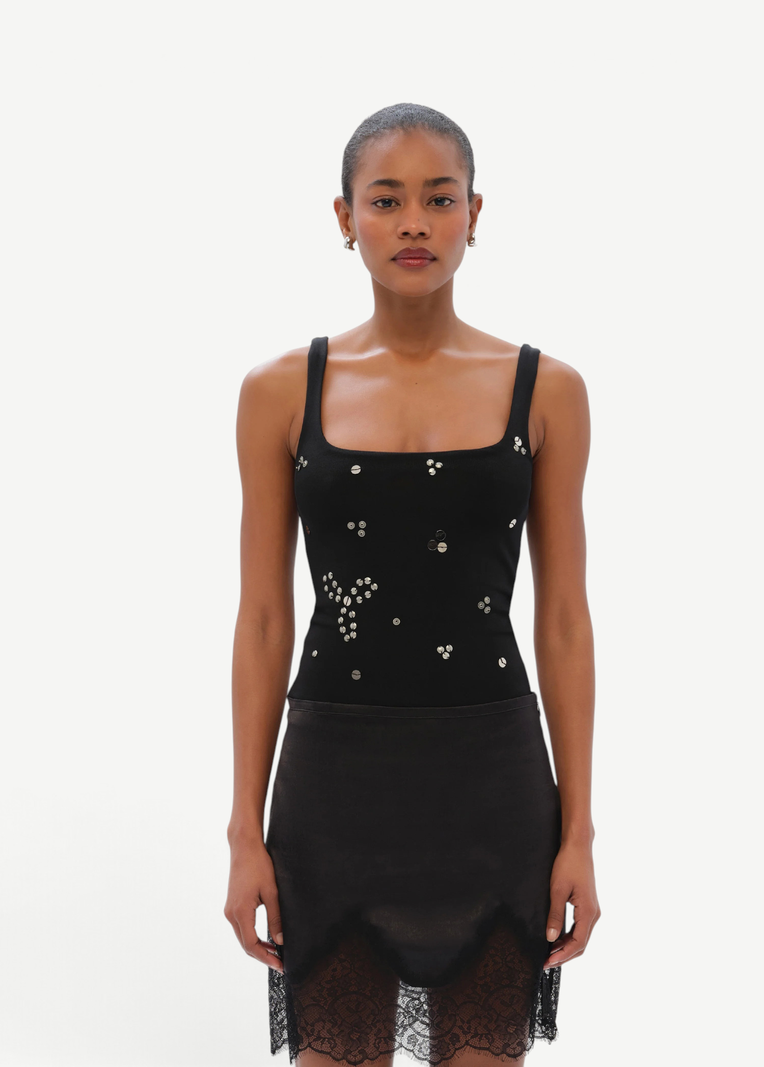 KABE SHOP INC Dasne black bodysuit with square neckline and silver stud embellishments worn by a model