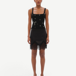 Model wearing KABE SHOP INC Dasne black bodysuit with square neckline and silver stud embellishments
