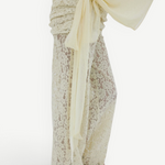 Rocio Trouser featuring vintage-inspired, cream-colored lace wide-leg trousers paired with a matching tied sash top in a draped silhouette.