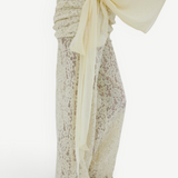Rocio Trouser featuring vintage-inspired, cream-colored lace wide-leg trousers paired with a matching tied sash top in a draped silhouette.