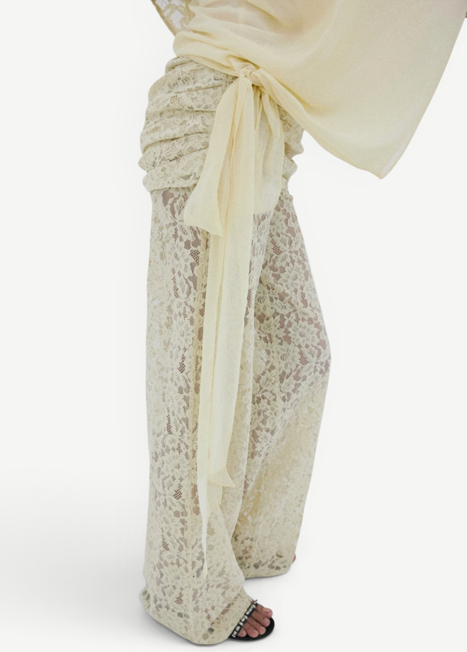Rocio Trouser featuring vintage-inspired, cream-colored lace wide-leg trousers paired with a matching tied sash top in a draped silhouette.