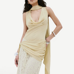 Model wearing KABE SHOP INC Rosa maxi dress in antique yellow viscose georgette with delicate lace skirt detailing.