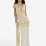 KABE SHOP INC Rosa maxi dress in antique yellow viscose georgette with a draped bodice and textured lace skirt.
