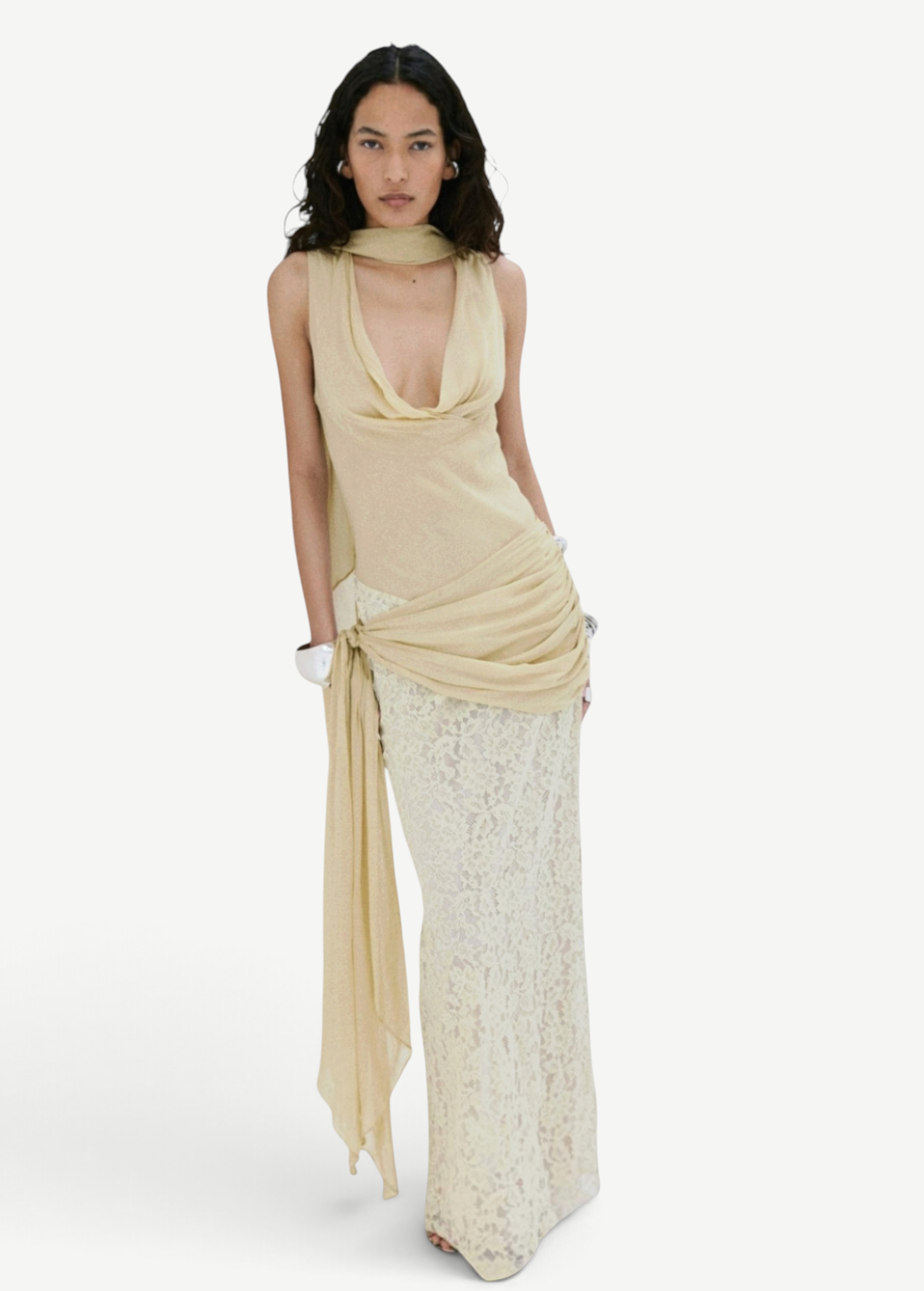 KABE SHOP INC Rosa maxi dress in antique yellow viscose georgette with a draped bodice and textured lace skirt.