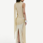 KABE SHOP INC Rosa maxi dress in antique yellow viscose georgette with lace skirt and draped back detail