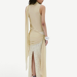 KABE SHOP INC Rosa maxi dress in antique yellow viscose georgette with lace skirt and draped back detail