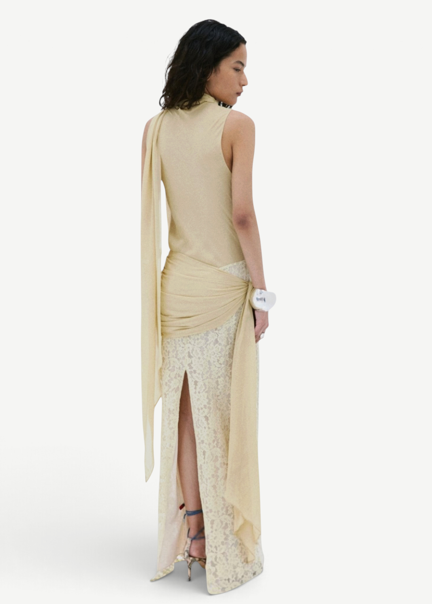 KABE SHOP INC Rosa maxi dress in antique yellow viscose georgette with lace skirt and draped back detail