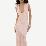 KABE SHOP INC Balia midi dress in baby pink viscose georgette with floral motif, ruffled V-neck and asymmetric hem