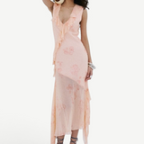 KABE SHOP INC Balia midi dress in baby pink floral viscose georgette with ruffle trim and asymmetric hem on a model