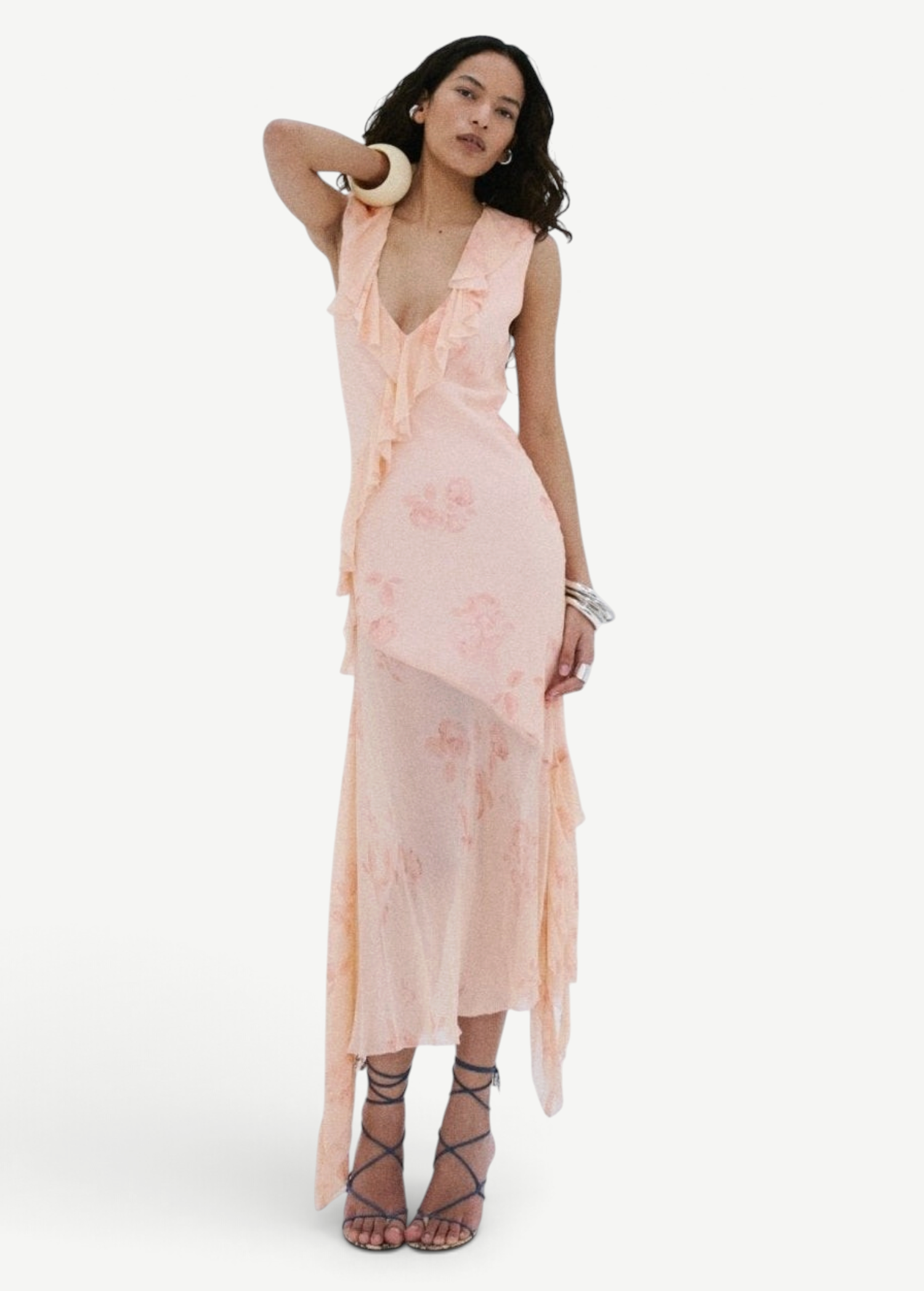 KABE SHOP INC Balia midi dress in baby pink floral viscose georgette with ruffle trim and asymmetric hem on a model