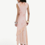 KABE SHOP INC Balia midi dress in baby pink floral viscose georgette with an asymmetric ruffled hem on a model