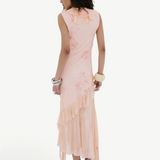 KABE SHOP INC Balia midi dress in baby pink floral viscose georgette with an asymmetric ruffled hem on a model