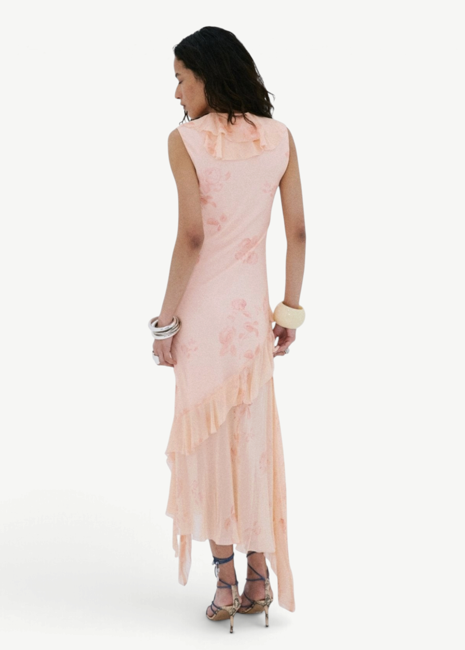 KABE SHOP INC Balia midi dress in baby pink floral viscose georgette with an asymmetric ruffled hem on a model