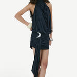 KABE SHOP INC Vida Mini Dress in black stretch jersey with a halterneck, cowl back, and silver crescent moon hardware.