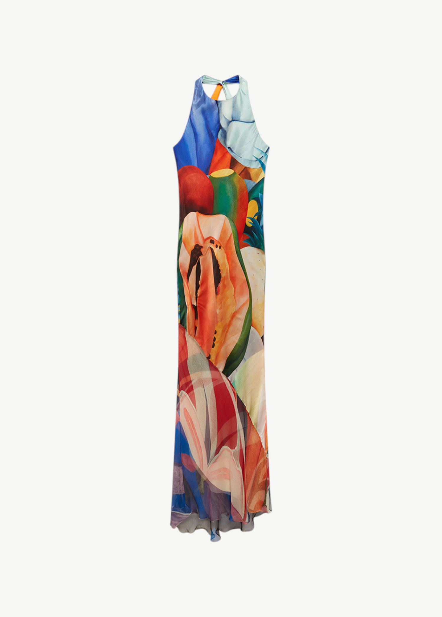 KABE SHOP INC Salpicon long silk dress featuring a vibrant, colorful fruit-inspired print and a fluid halter neckline.