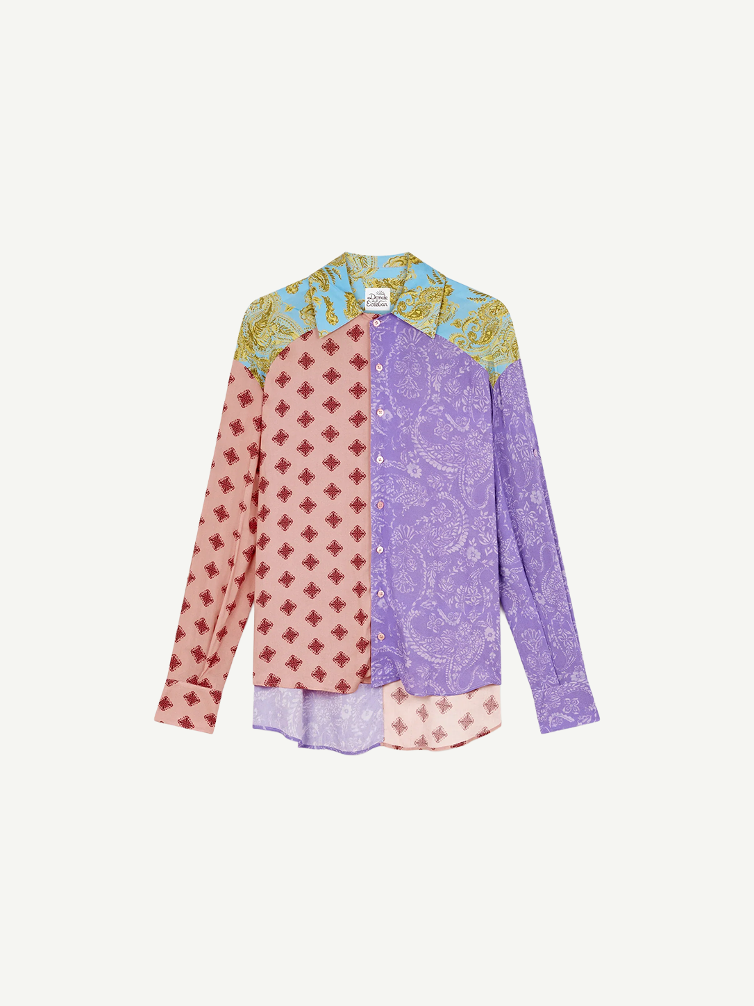Paisley Shirt featuring an oversized long-sleeved button-down design with contrasting pink, purple, and blue panels in various baroque swirls and paisley prints.