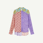Paisley Shirt featuring an oversized long-sleeved button-down design with contrasting pink, purple, and blue panels in various baroque swirls and paisley prints.