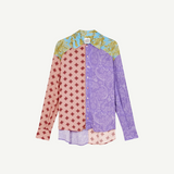 Paisley Shirt featuring an oversized long-sleeved button-down design with contrasting pink, purple, and blue panels in various baroque swirls and paisley prints.