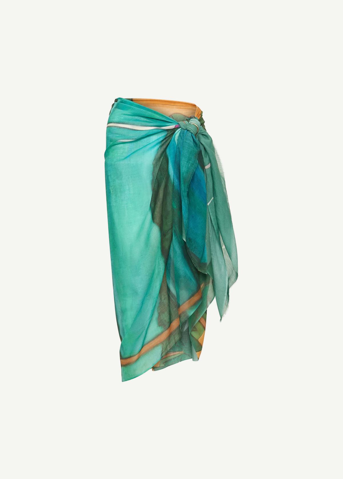 KABE SHOP INC Magdalena Pareo in lightweight teal fabric with an expressive landscape print for beach and resort wear.