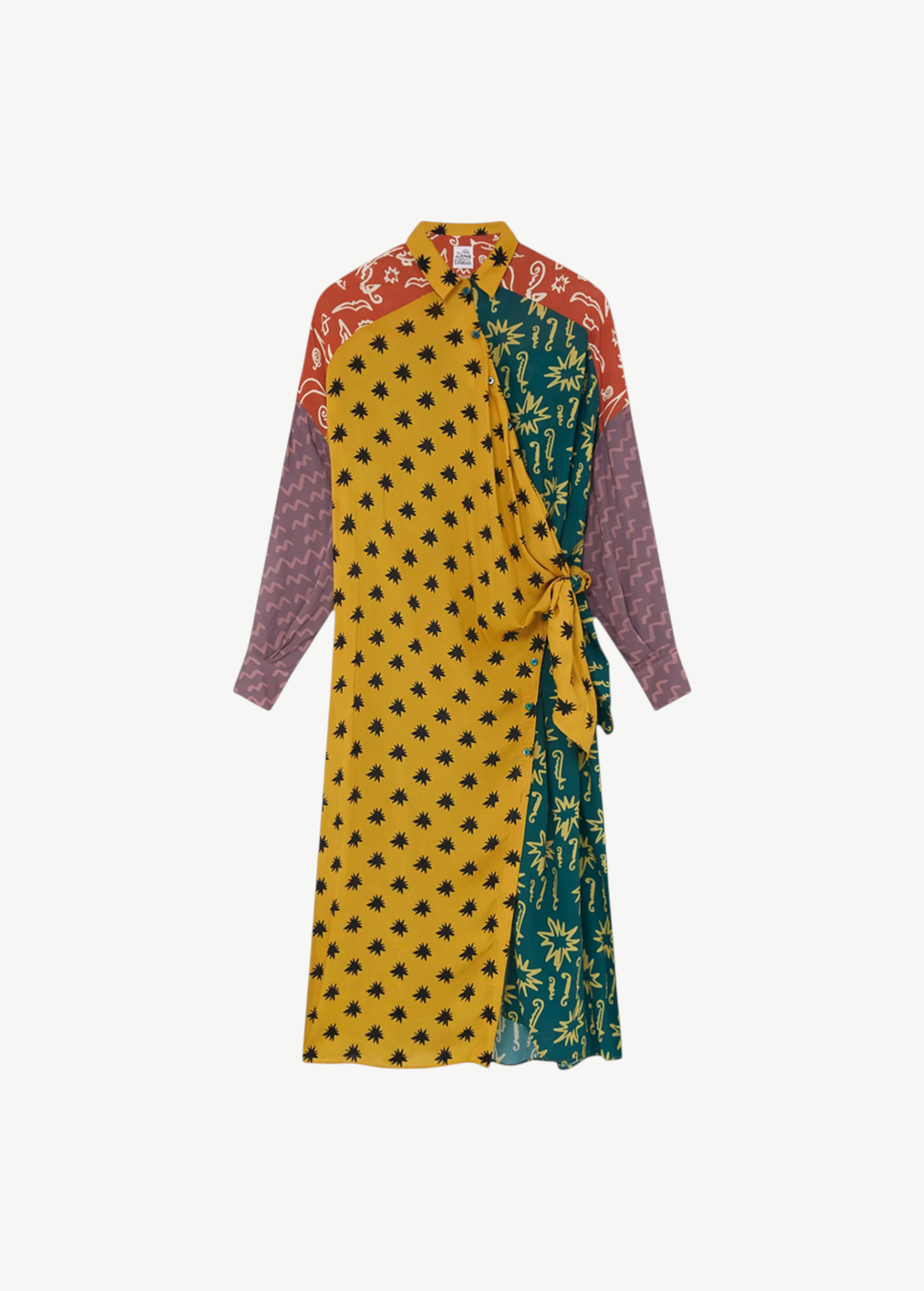 KABE SHOP INC Estrellitas shirt dress in viscose with a multi-colored star print, wrap design, and knotted waist.