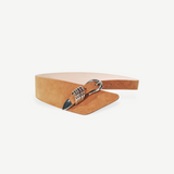 KABE SHOP INC Alcott suede belt in tan with asymmetrical design and signature silver five-ring hardware detail