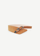 KABE SHOP INC Alcott suede belt in tan with asymmetrical design and signature silver five-ring hardware detail