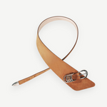 KABE SHOP INC Alcott suede belt in tan with asymmetrical design and silver five-ring hardware detail