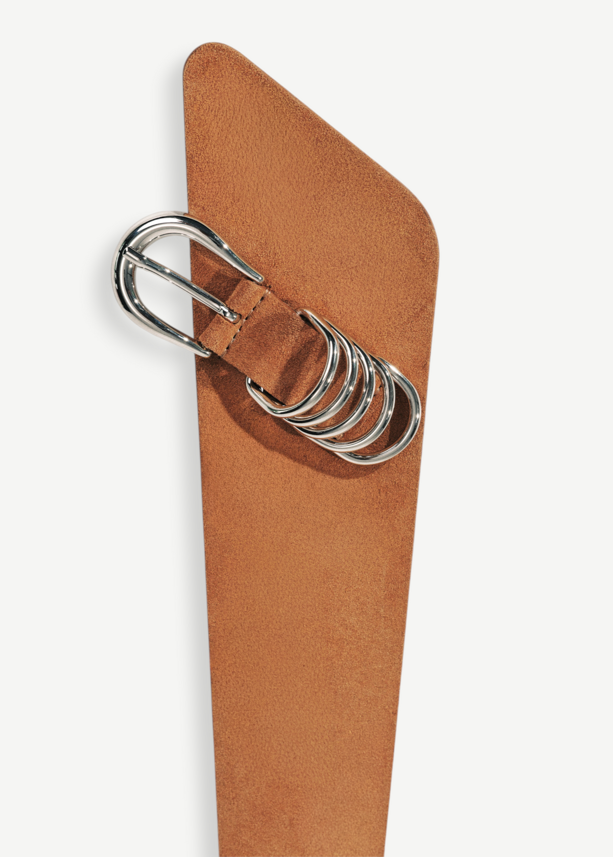 KABE SHOP INC Alcott suede belt in tan with asymmetrical shape and signature silver five-ring hardware detail.