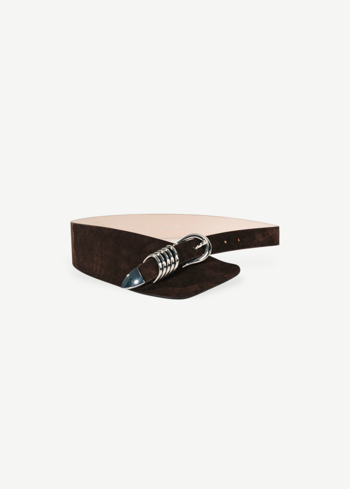 KABE SHOP INC Alcott brown suede belt featuring an asymmetrical design and signature silver five-ring hardware.