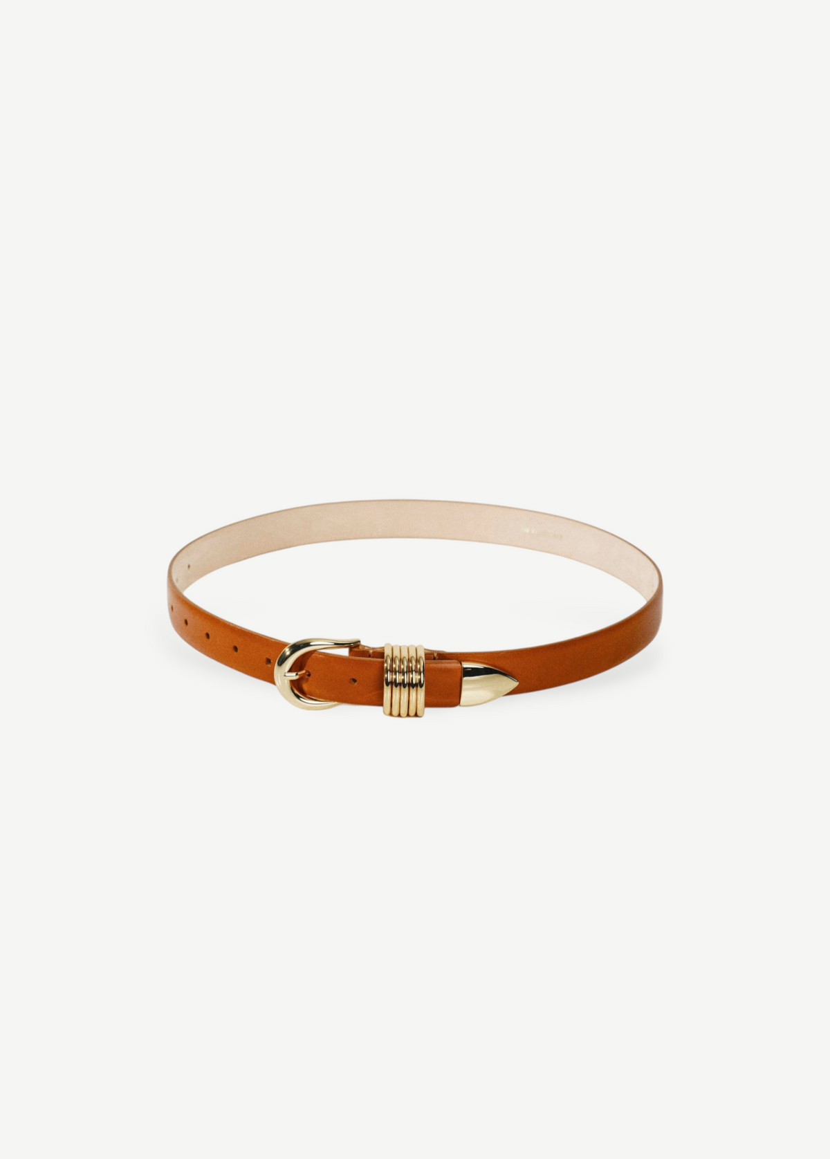 KABE SHOP INC Hollyhock belt in tan Italian calfskin leather with 24K gold hardware and a signature ribbed buckle.