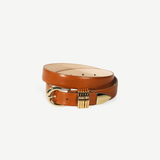 KABE SHOP INC Hollyhock belt in tan Italian calfskin leather with 24K gold hardware and decorative ring detail.