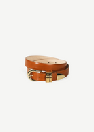 KABE SHOP INC Hollyhock belt in tan Italian calfskin leather with 24K gold hardware and decorative ring detail.