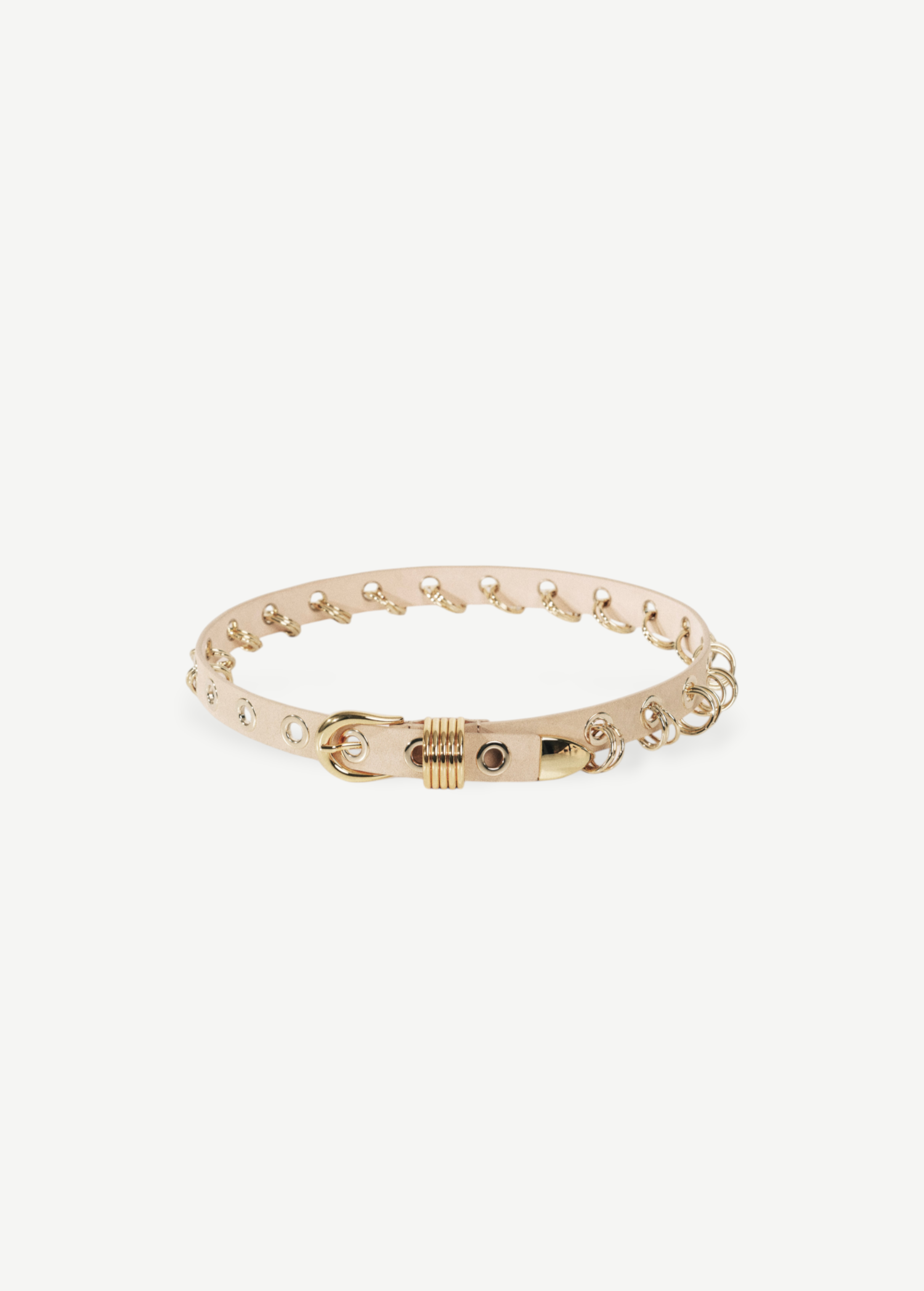 KABE SHOP INC Revenge belt in beige Italian calfskin suede with silver grommets and ring hardware details.
