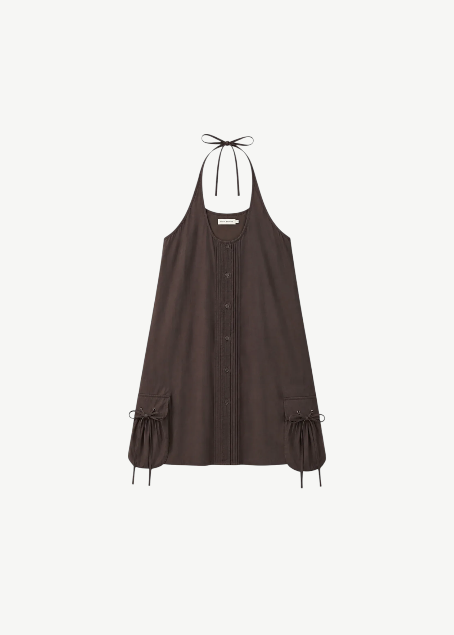 KABE SHOP INC Deiji Studios dark brown pocket halter dress with pintuck details and adjustable tie neckline.