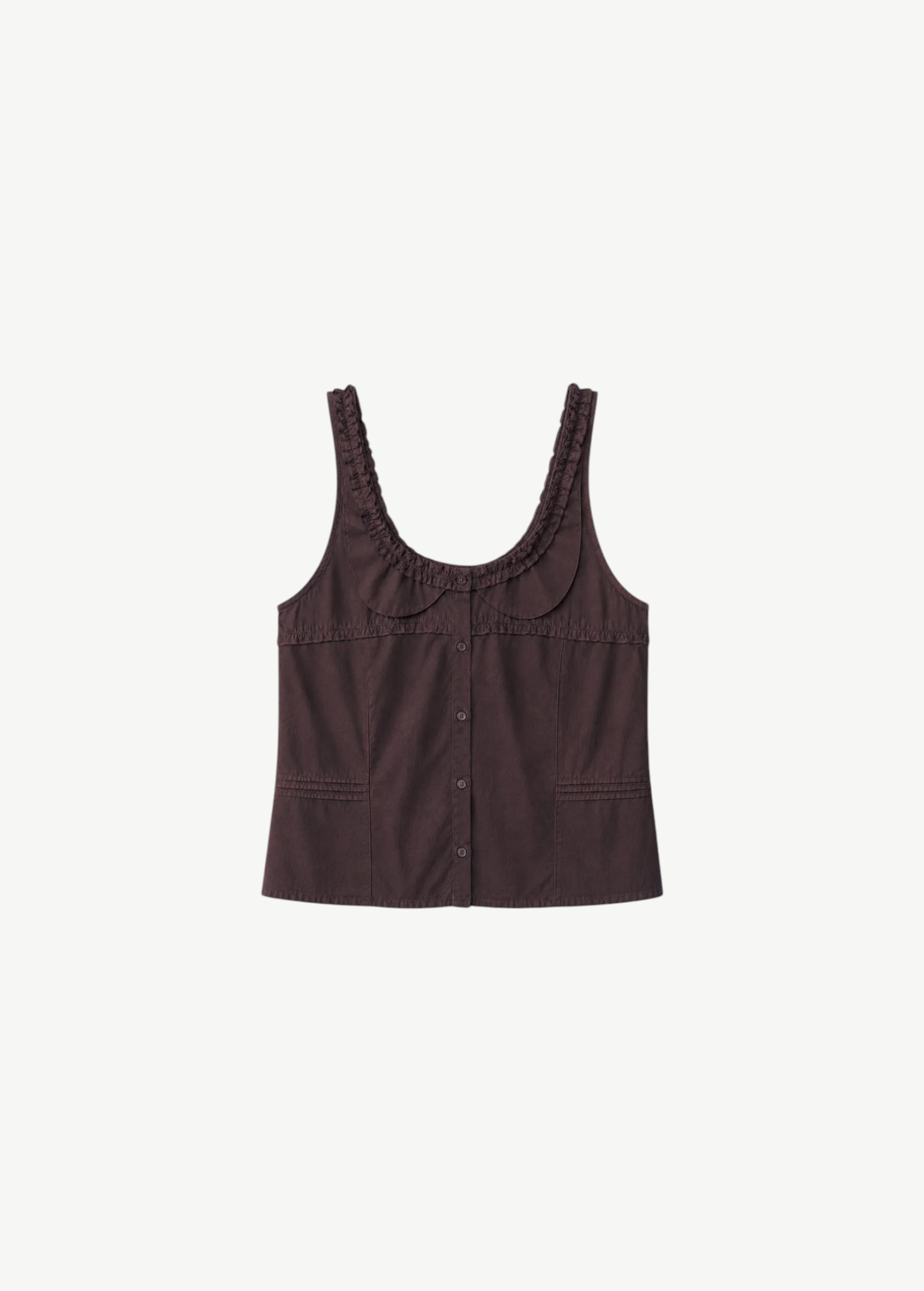 KABE SHOP INC Deiji Studios dark brown cotton poplin tank top with frill trim, pintuck details, and button front.